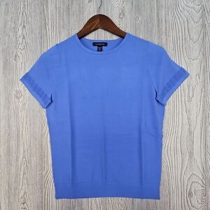 Lands End Sweater Women's XS/P Blue Short Sleeve Lace Trim Slinky Knit Pullover‎